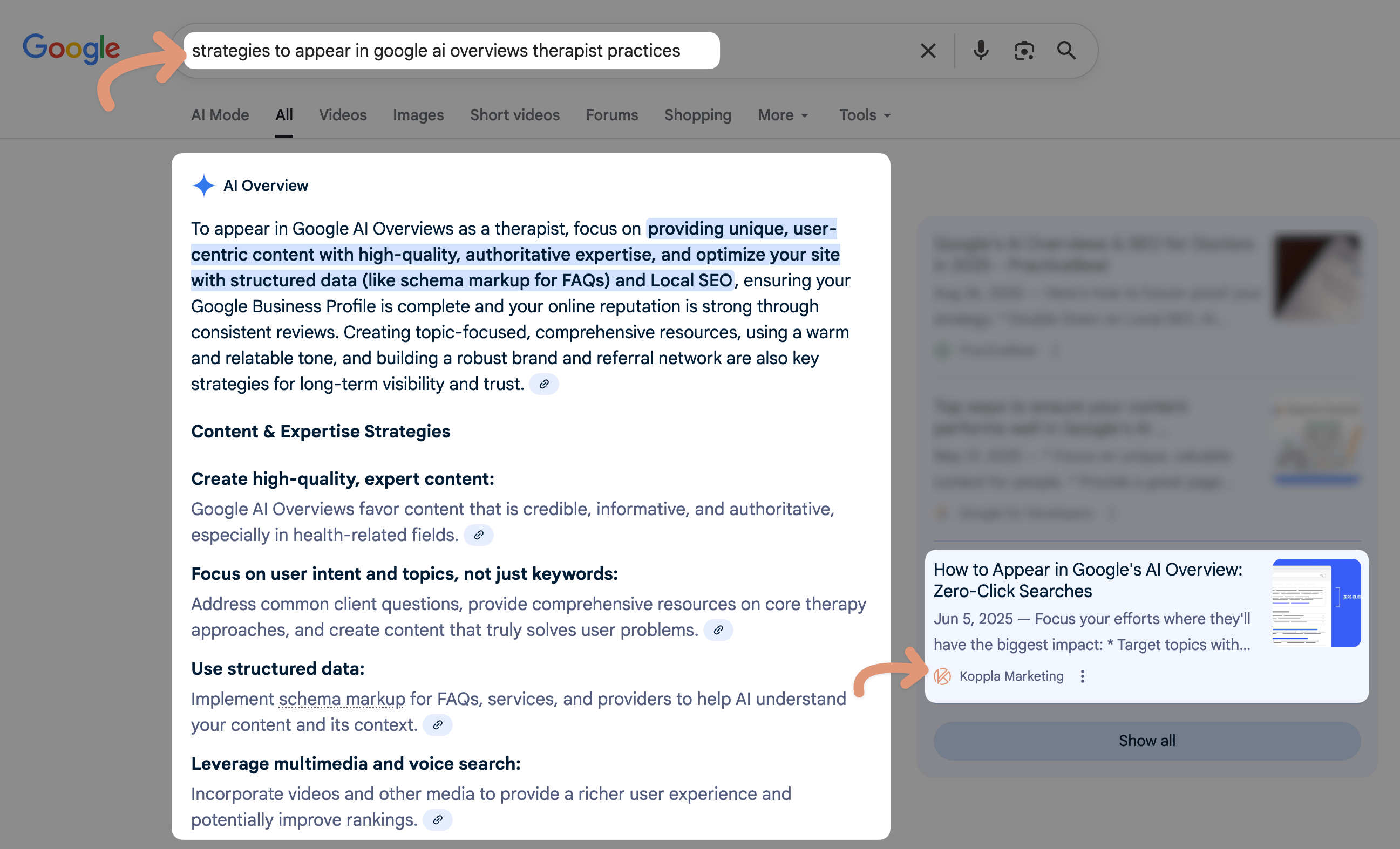 Google AI Overview displaying Koppla Marketing's article on appearing in AI search results for therapist practices