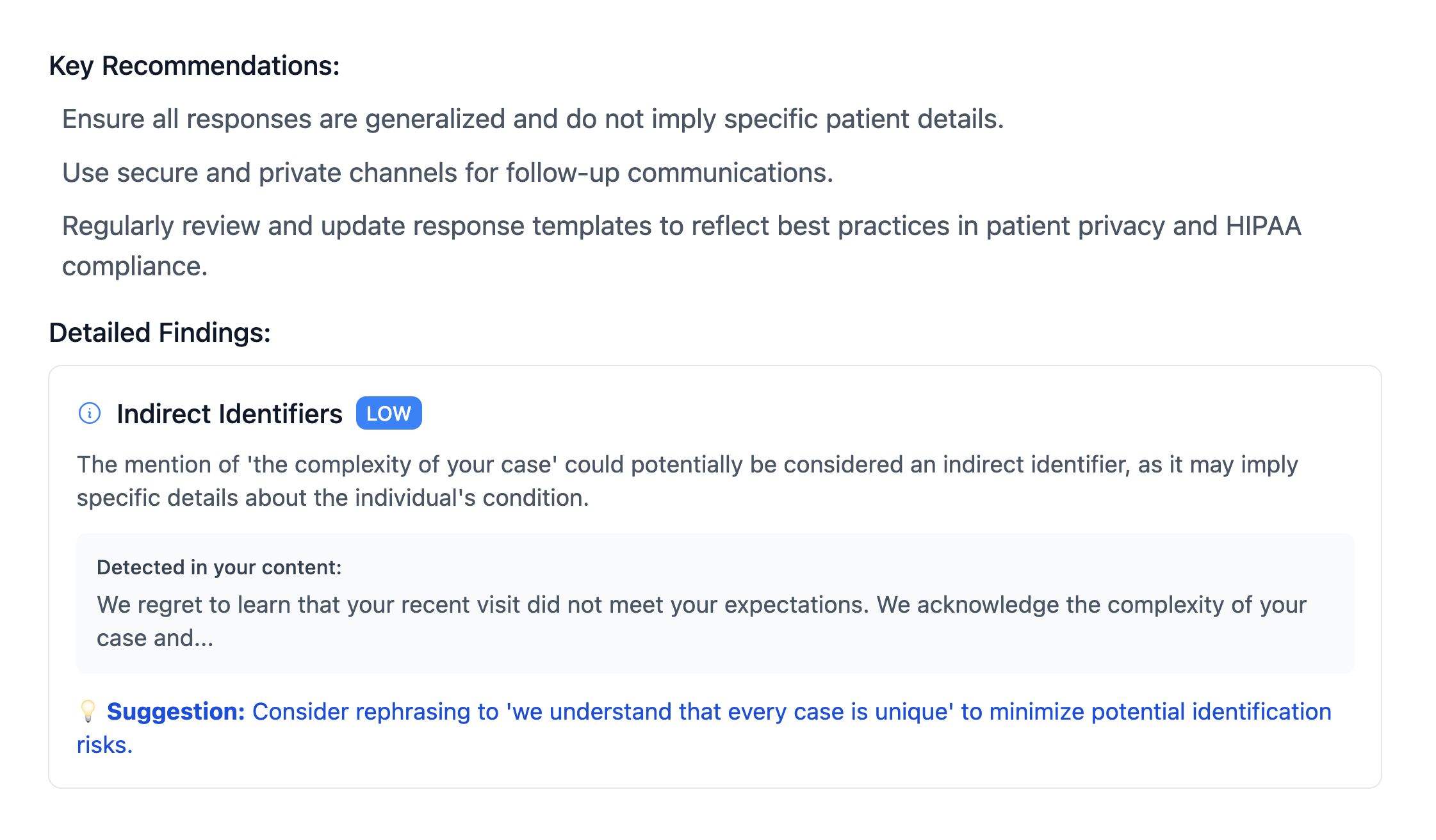 Privacy checker confirming a draft meets HIPAA standards