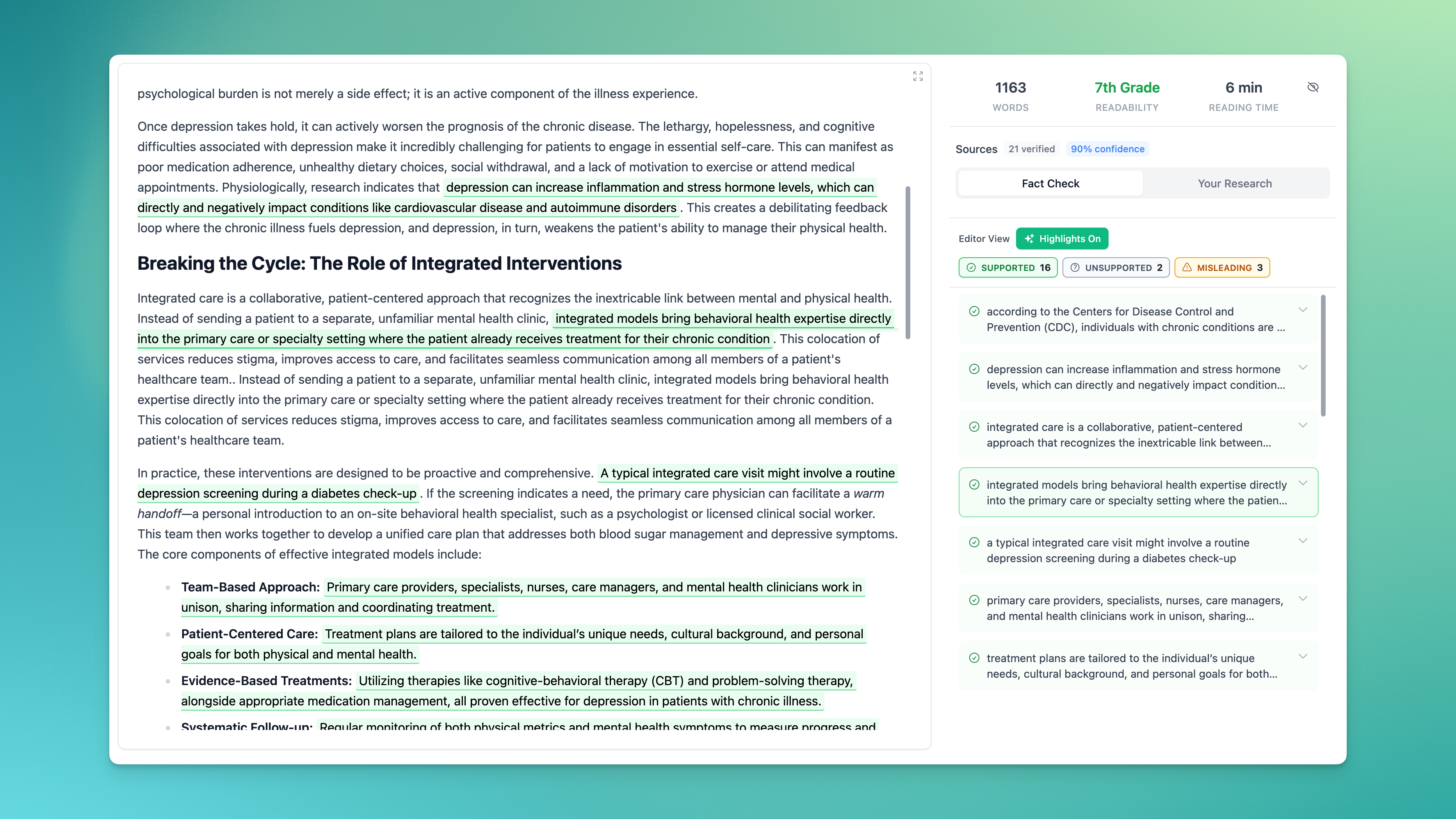 AI-powered fact-checking interface with verification results